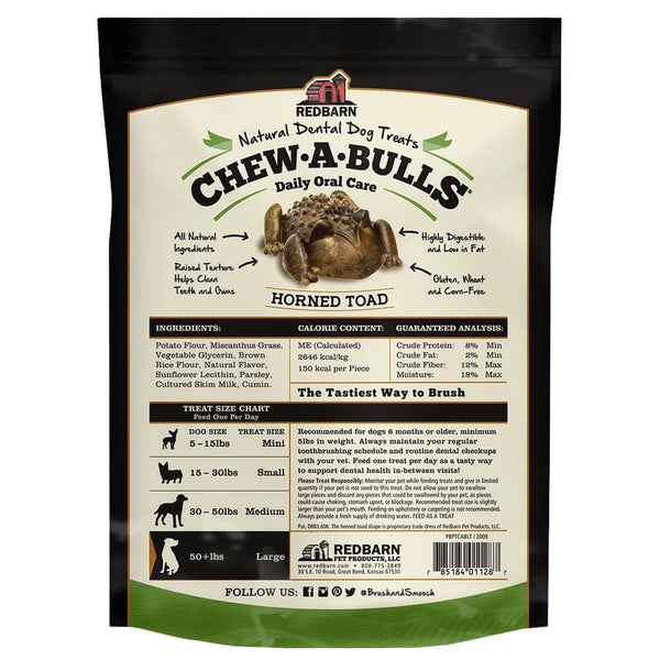 Back of Red Barn Chew-a-Bull Toad multi-pack packaging, featuring nutritional facts, ingredient transparency, and oral care benefits.