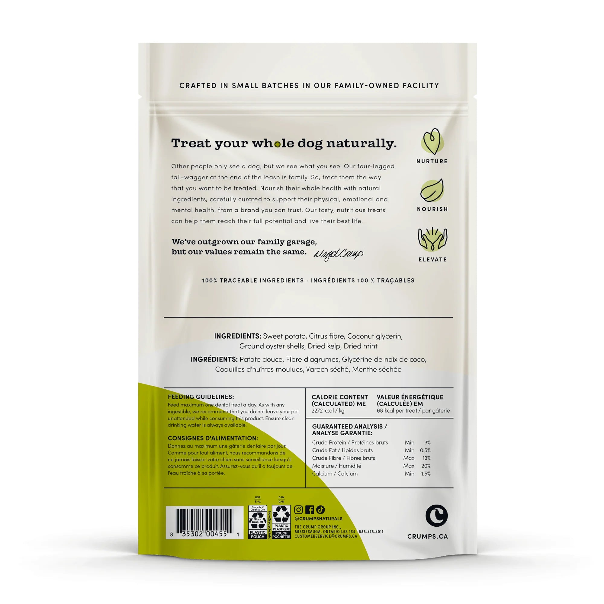 Detailed view of the ingredient list and guaranteed analysis, showcasing the natural, limited-ingredient formula free from artificial additives.