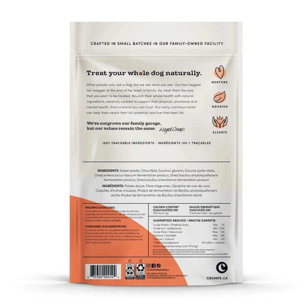 A detailed view of the ingredients and feeding guidelines, highlighting natural ingredients, probiotics, and grain-free formula.