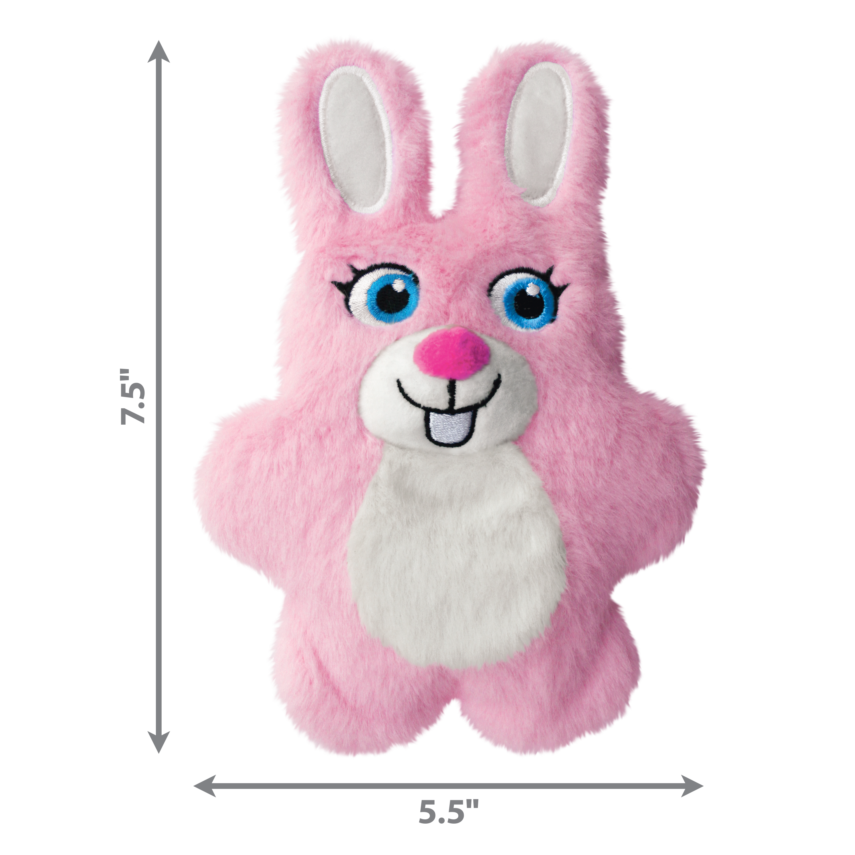 Image of KONG Snuzzles Kiddos bunny toy with size dimensions, showing ideal proportions for small and medium dogs.