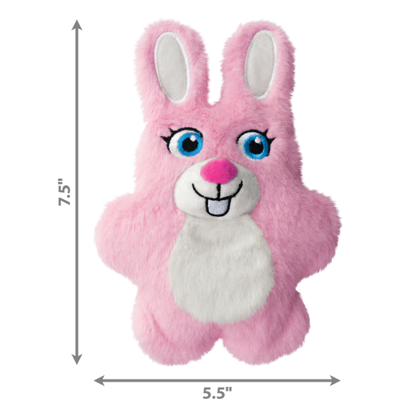 Image of KONG Snuzzles Kiddos bunny toy with size dimensions, showing ideal proportions for small and medium dogs.