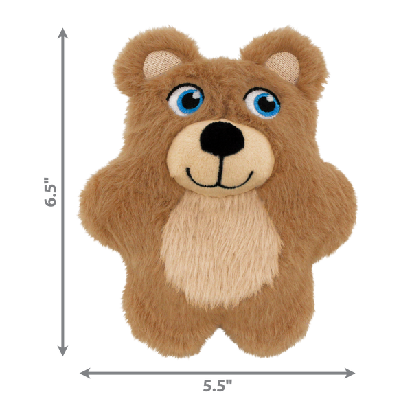 KONG Snuzzles Kiddos teddy bear plush shown with dimensions, highlighting size for enrichment and gentle chewing.