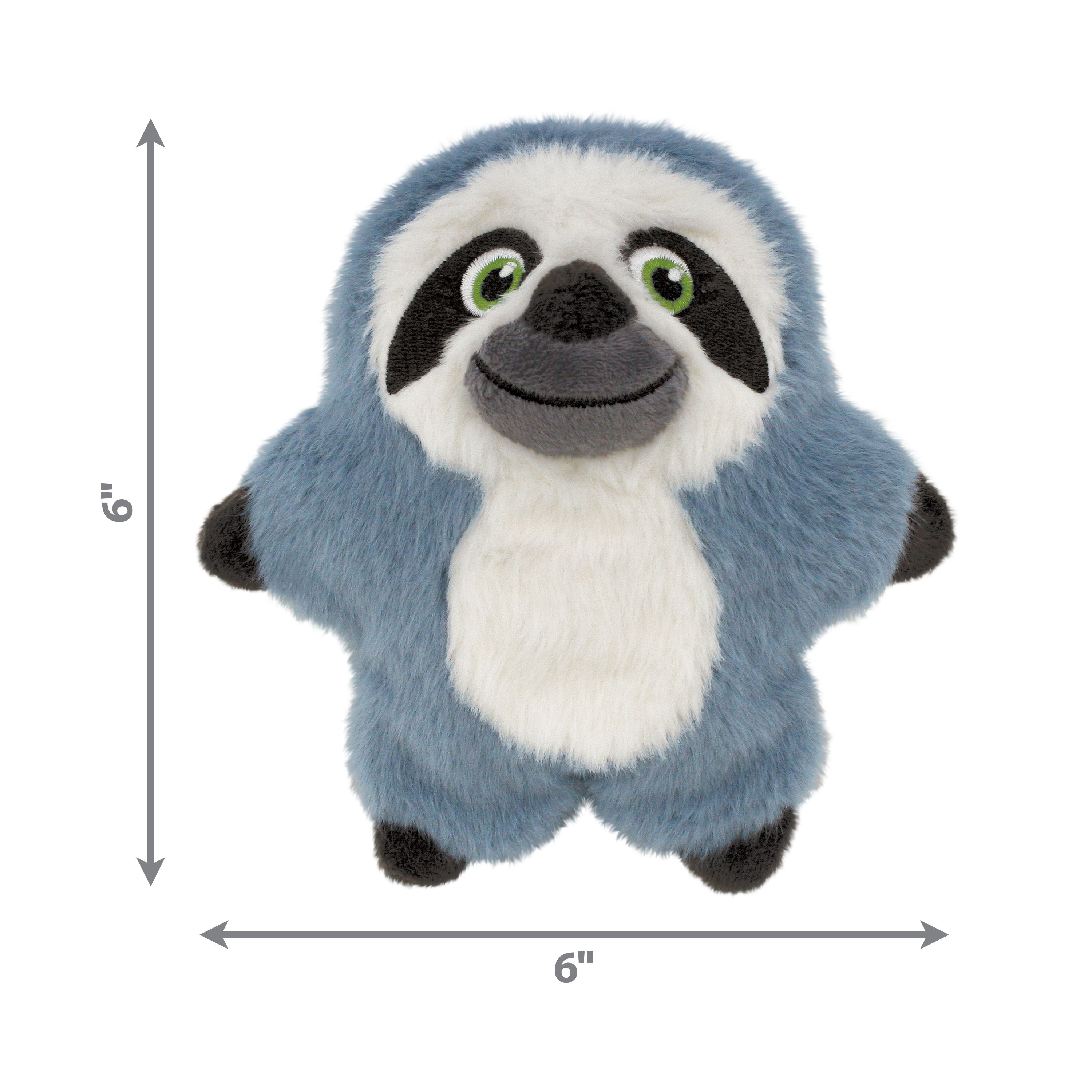 Visual showing the KONG Snuzzles Kiddos sloth toy’s measurements, demonstrating its plush, lightweight design for playtime.