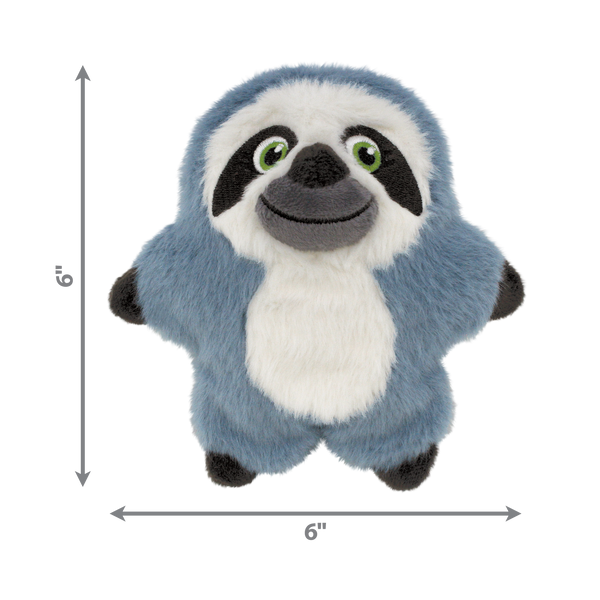 Visual showing the KONG Snuzzles Kiddos sloth toy’s measurements, demonstrating its plush, lightweight design for playtime.