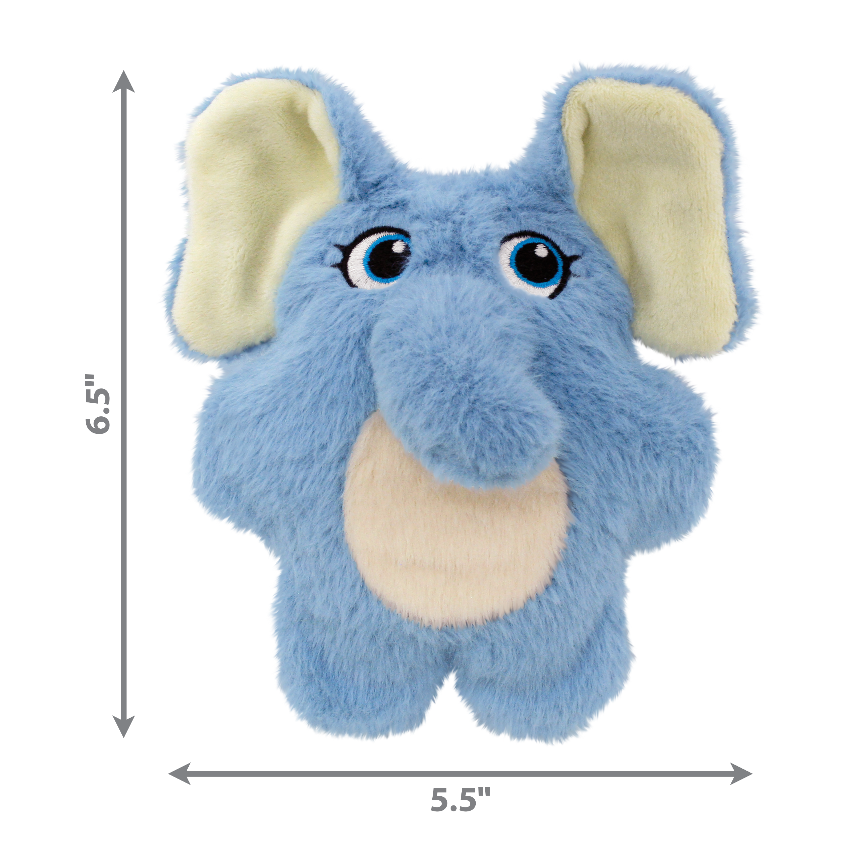 KONG Snuzzles Kiddos elephant toy beside measurement guide to showcase suitable size for dogs of various breeds.