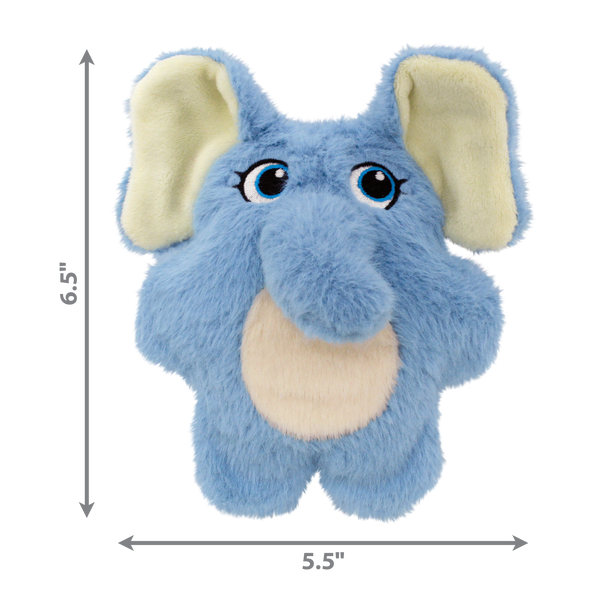 KONG Snuzzles Kiddos elephant toy beside measurement guide to showcase suitable size for dogs of various breeds.