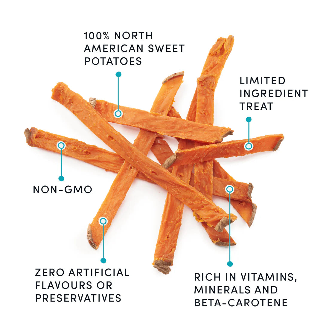 A zoomed-in image showing the chewy texture of the sweet potato fries, making them ideal for small dogs and puppies