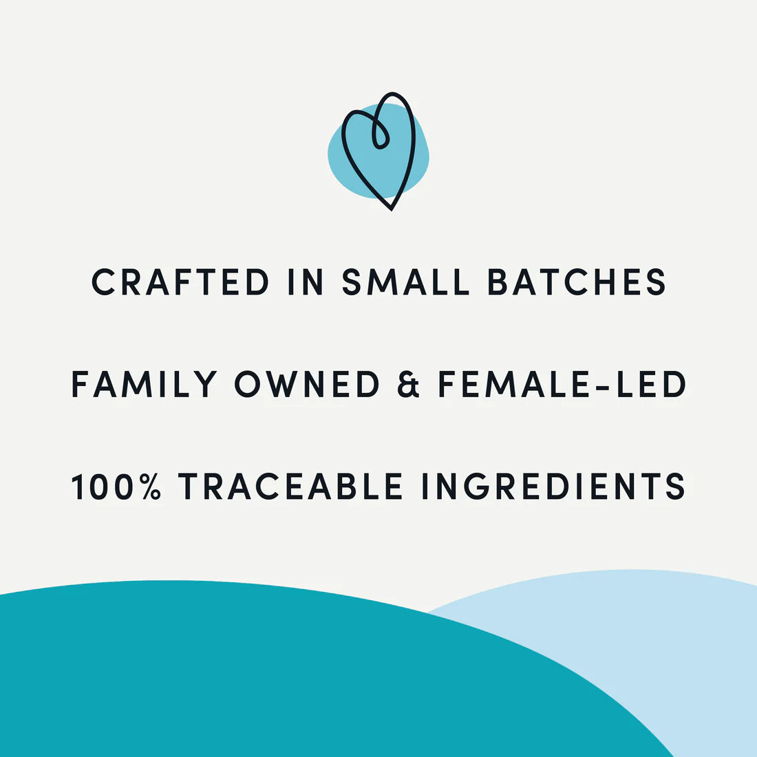 A visual emphasizing that these treats are crafted in small batches, family-owned, female-led, and made with 100% traceable ingredients.