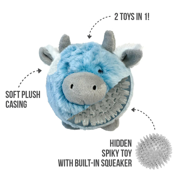 Image of the large blue MooMoo toy with arrows highlighting the plush faux fur, built-in squeaker, crinkle ears, and hidden spiked TPR ball that massages gums and cleans teeth.