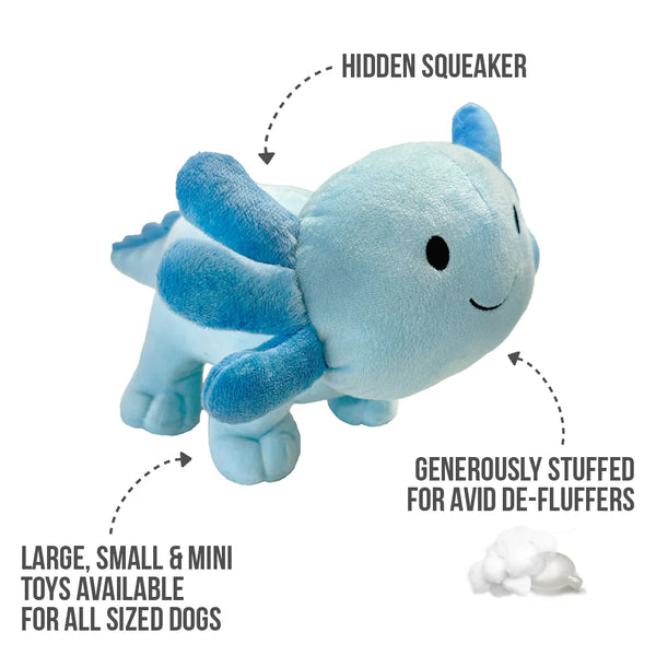 Image of the large blue FouFou Dog Axolotl Plushie with arrows pointing to key features like plush softness, hidden squeaker, embroidered face, and ideal size for larger dogs.