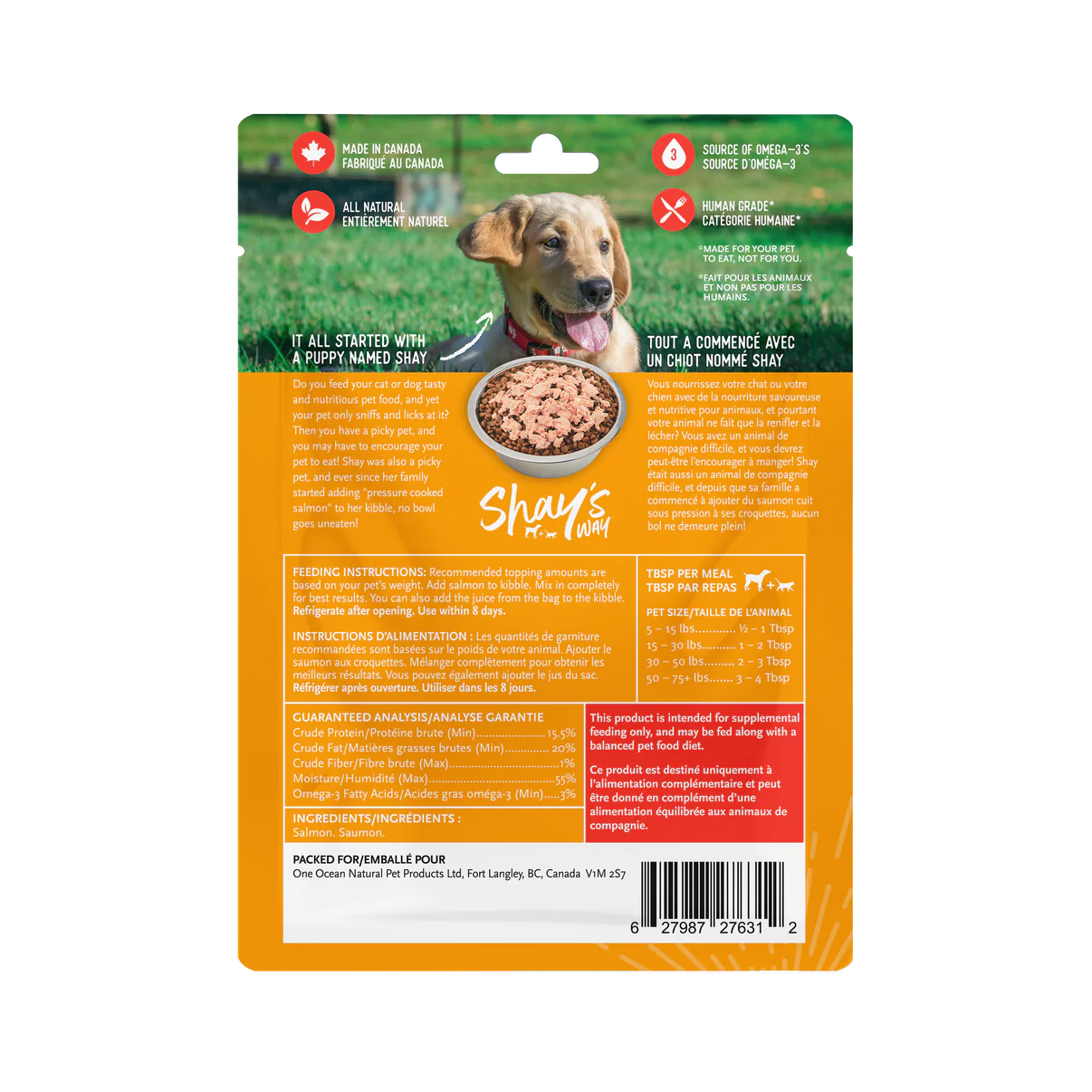 Back view of Shay's Ways Steelhead Salmon Meal Topper package detailing nutritional benefits and usage instructions.