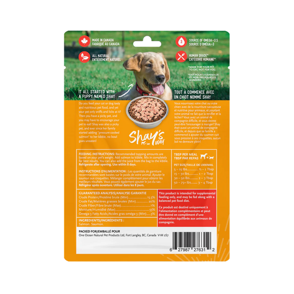 Back view of Shay's Ways Steelhead Salmon Meal Topper package detailing nutritional benefits and usage instructions.