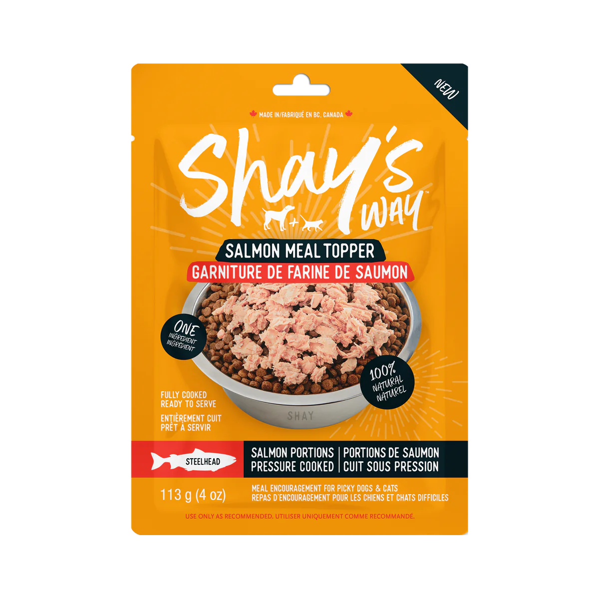 Front view of Shay's Ways Steelhead Salmon Meal Topper package showcasing its premium human-grade ingredients.