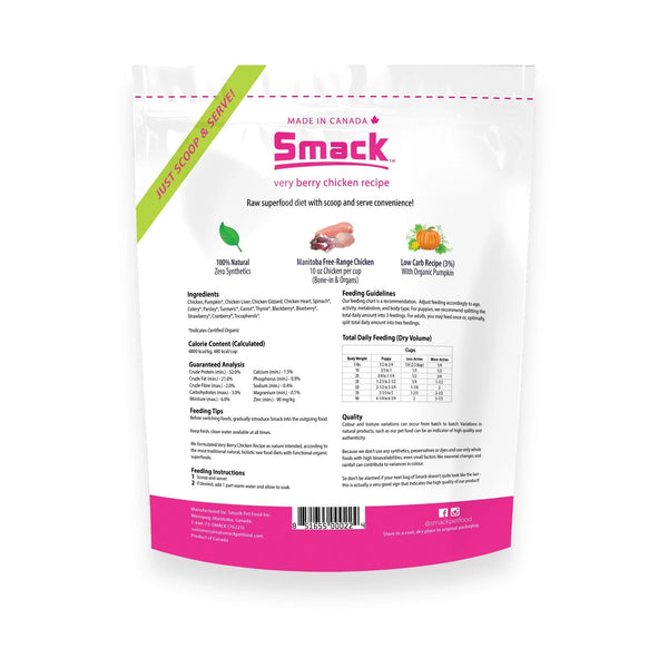 Back view of Smack Dehydrated Raw Dog Food - Very Berry Chicken bag highlighting nutritional information and ingredients.