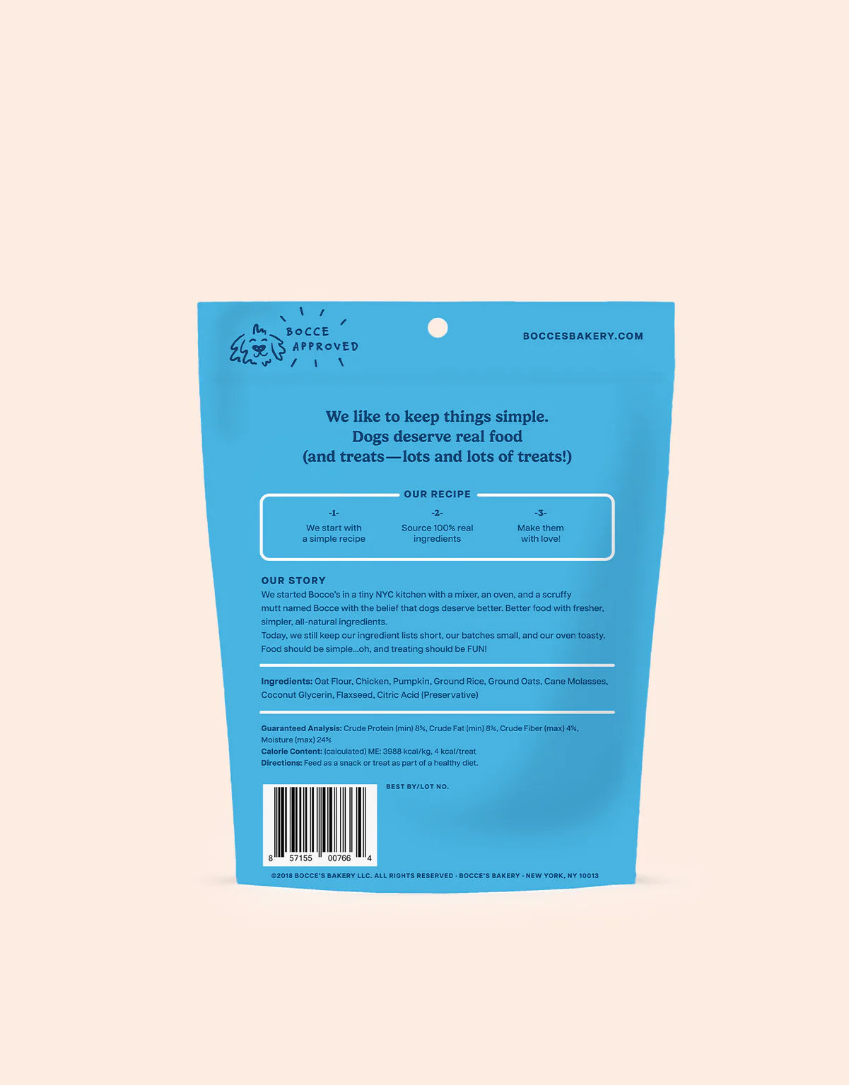 Back of the bag of Bocce's Bakery Training Treats - Sunday Roast showing ingredients and nutritional information.