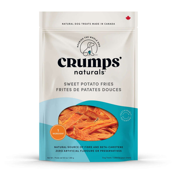 A clear image of Crumps - Sweet Potato Fries packaging, highlighting its 100% sweet potato, hypoallergenic benefits, and all-natural ingredients