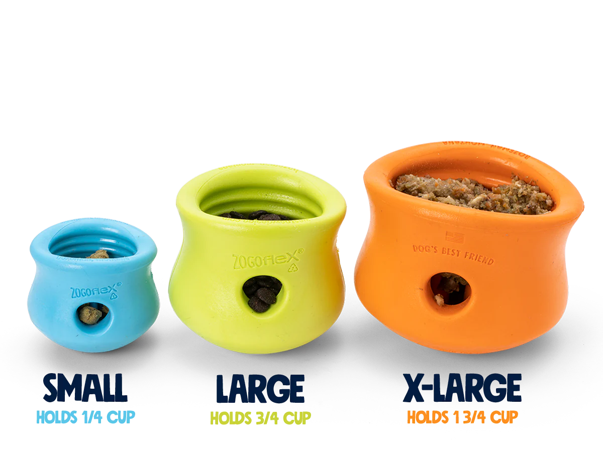Image showing three West Paw Toppl toys in small, large, and extra-large sizes, showcasing their variety and versatility.