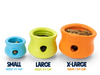 Image showing three West Paw Toppl toys in small, large, and extra-large sizes, showcasing their variety and versatility.