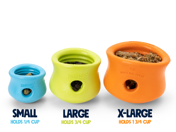Image showing three West Paw Toppl toys in small, large, and extra-large sizes, showcasing their variety and versatility.