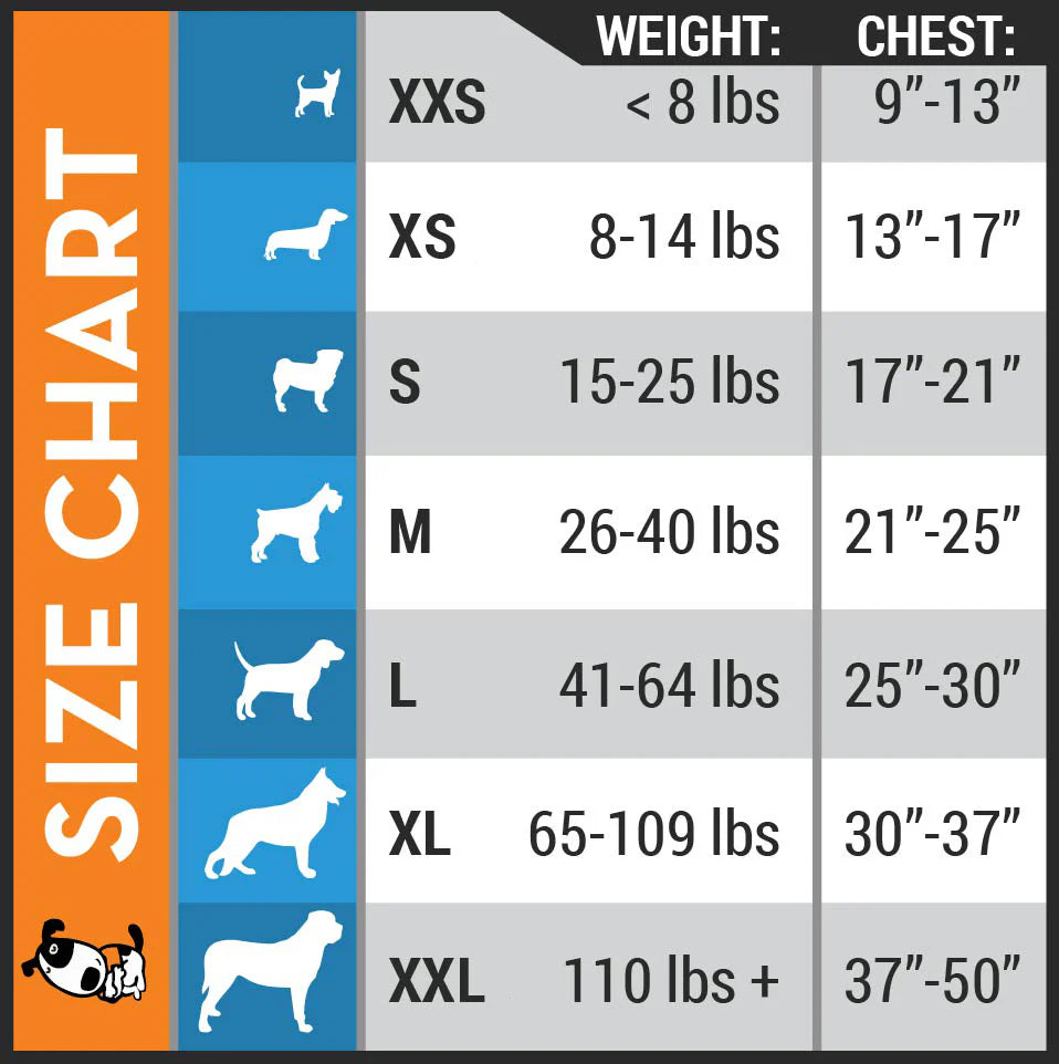 Size chart for ThunderShirts showing various dog breeds and weight ranges, helping pet owners select the perfect fit for anxiety relief and comfort.