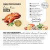 Visual display of The Honest Kitchen - Dehydrated Dog Food - Limited Ingredient Duck's single source protein and six whole food ingredients, showcasing cage-free duck.