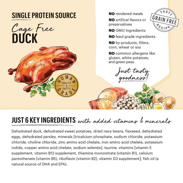 Visual display of The Honest Kitchen - Dehydrated Dog Food - Limited Ingredient Duck's single source protein and six whole food ingredients, showcasing cage-free duck.