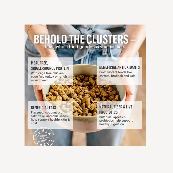 The Honest Kitchen, behold the cluster. Showing the difference in the cluster over traditional dog kibble. Single source protein, beneficial antioxidants, beneficial fats and natural fibre and live probiotics are in each dog food cluster.