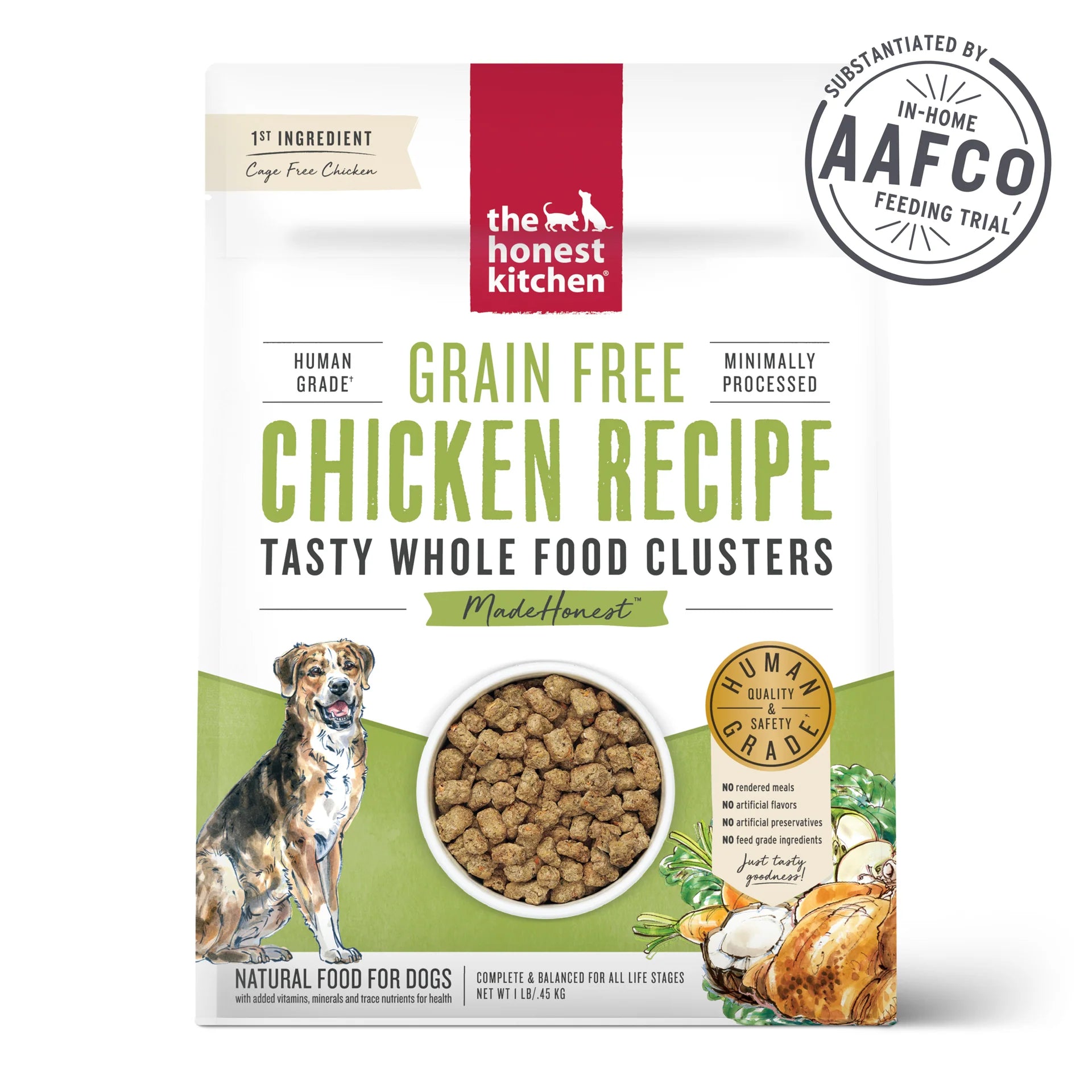 The Honest Kitchen Whole Food Clusters - Grain Free Chicken dog food bag, highlighting human grade quality.
