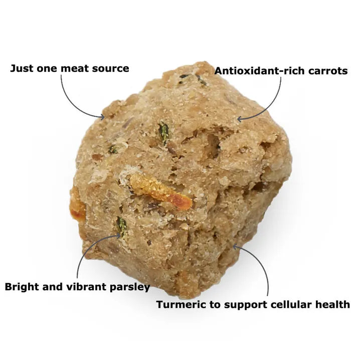 A detailed close-up of The Honest Kitchen Whole Food Cluster, showing the wholesome ingredients and texture. Just one meat source, antioxidant-rich carrots, vibrant parsley and turmeric to support cellular health.