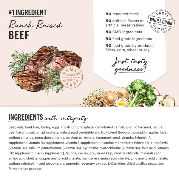 Ranch-raised beef, oats, barley, and fresh vegetables in The Honest Kitchen Whole Grain Beef & Oat recipe