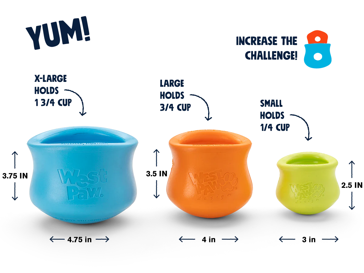 Image displaying the size measurements of the small, large, and extra-large West Paw Toppl toys, highlighting their dimensions.