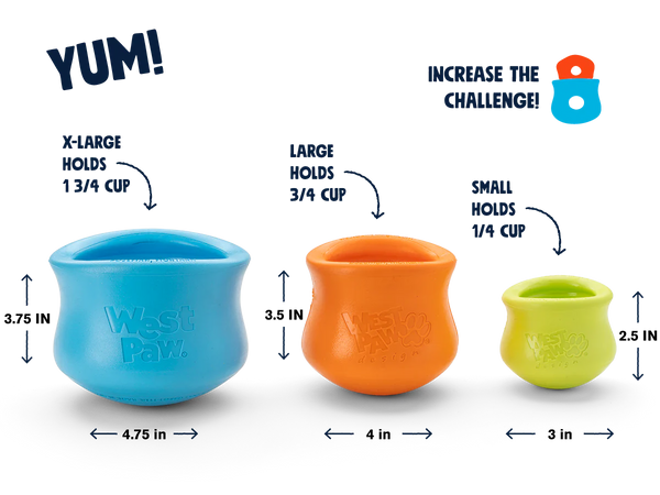 Image displaying the size measurements of the small, large, and extra-large West Paw Toppl toys, highlighting their dimensions.