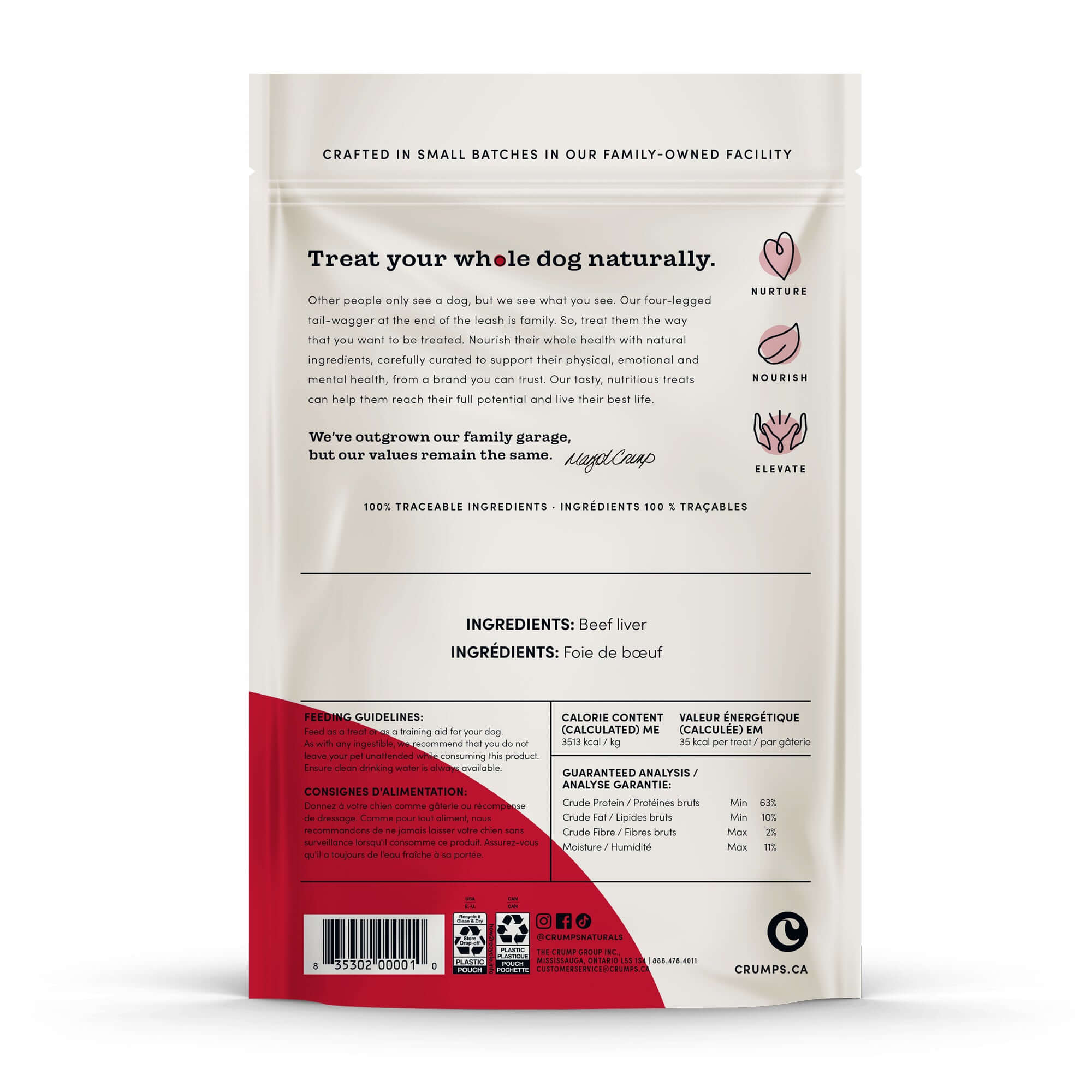 Detailed view of the ingredient list and guaranteed analysis, showcasing the single-ingredient, nutrient-rich content of these dehydrated beef liver treats.