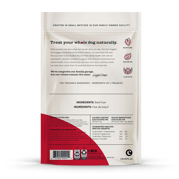 Detailed view of the ingredient list and guaranteed analysis, showcasing the single-ingredient, nutrient-rich content of these dehydrated beef liver treats.