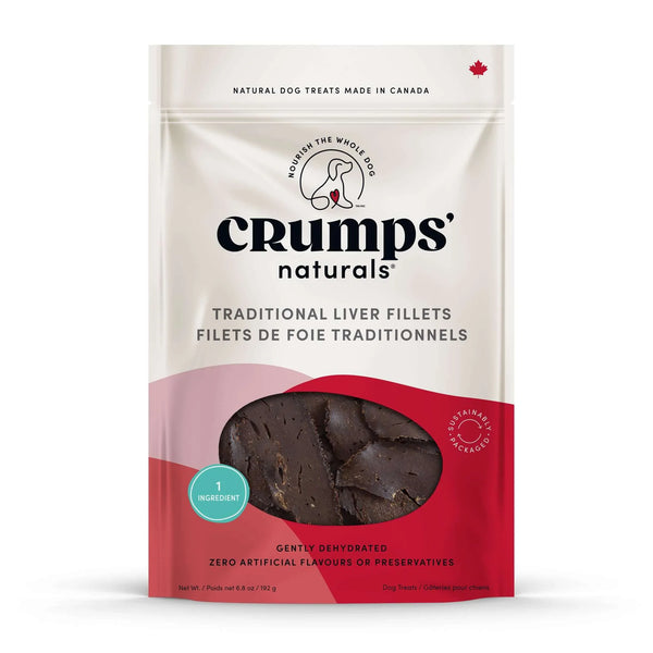 A close-up of Crumps - Traditional Liver Filets packaging, highlighting the 100% Canadian beef liver, high-protein benefits, and all-natural ingredients.