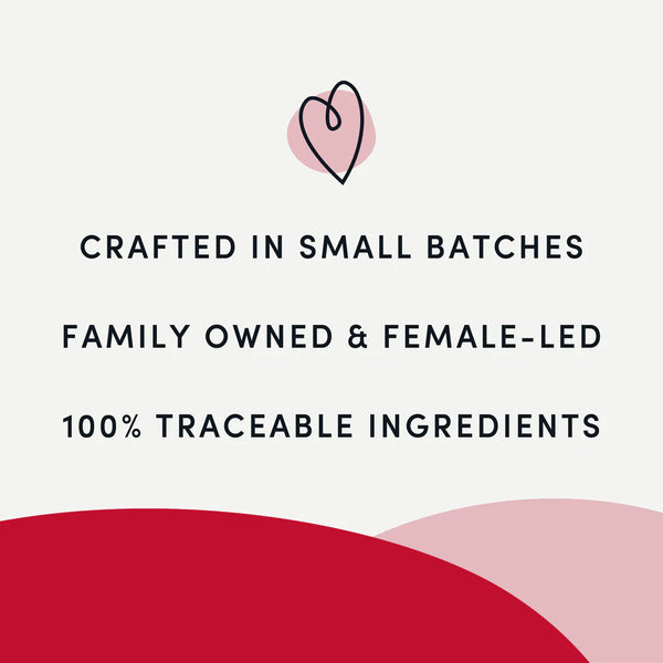 A visual emphasizing that these treats are crafted in small batches, family-owned, female-led, and made with 100% traceable ingredients.