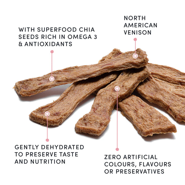 A zoomed-in image of the venison jerky, showing the natural texture and nutrient-rich, slow-baked pieces that promote muscle development and healthy skin.