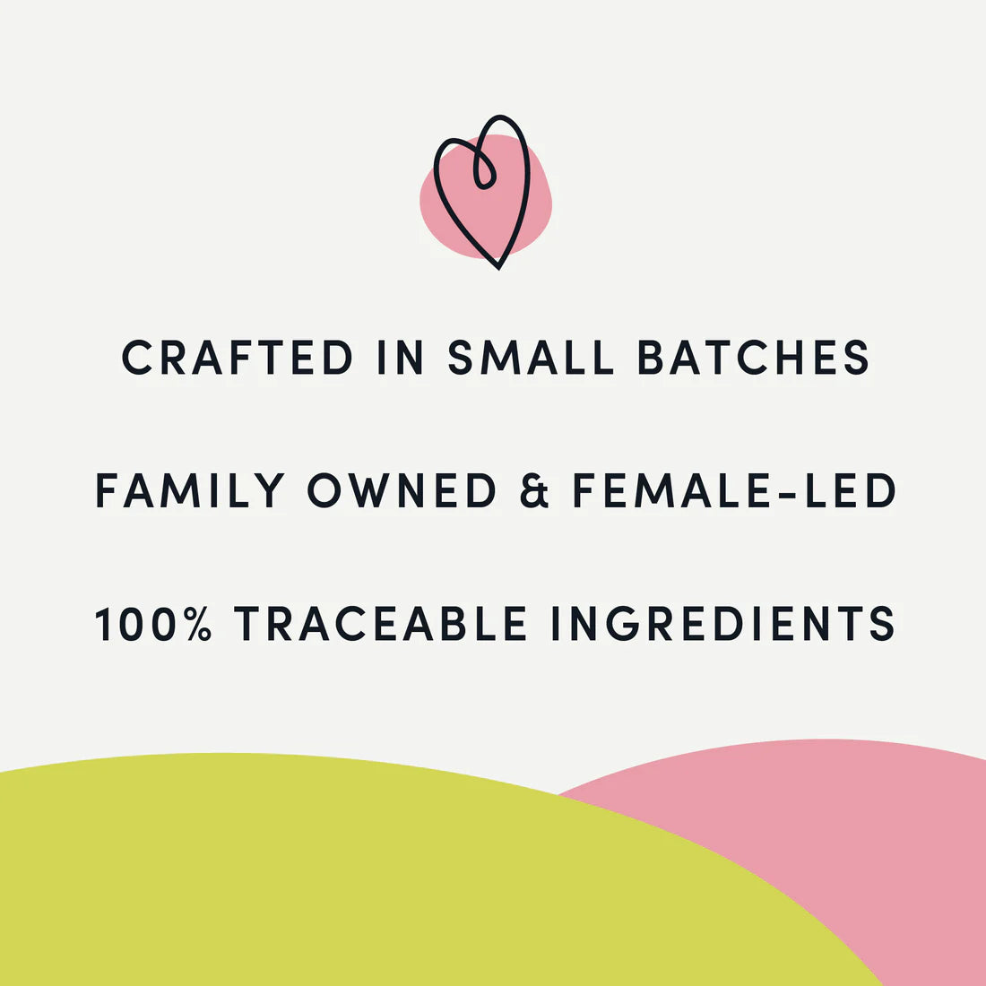 A visual emphasizing that these treats are crafted in small batches, by a family-owned, female-led company using 100% traceable ingredients.