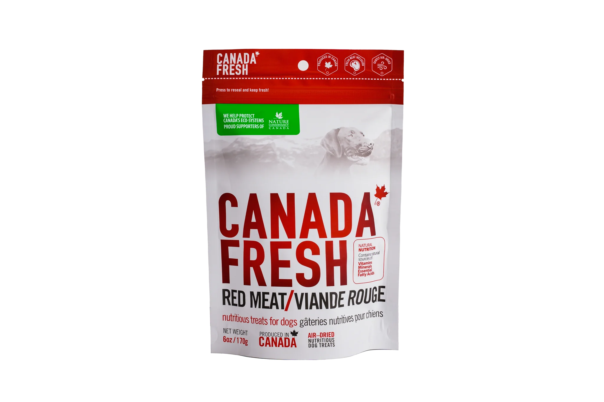 Front view of PetKind Canada Red Meat Treats bag, featuring premium, air-dried dog treats made with natural red meat.
