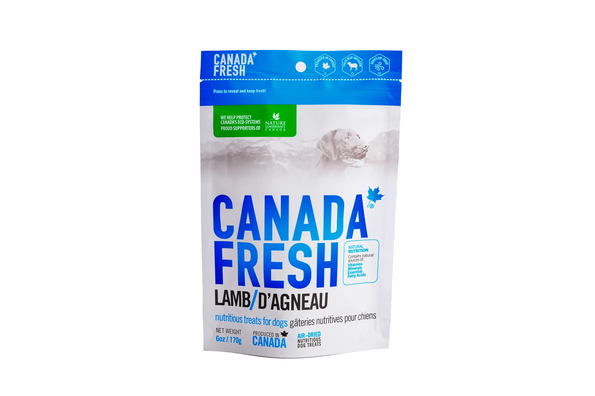 Front of PetKind Canada Fresh Lamb Treats bag, featuring all-natural, air-dried dog treats made from fresh lamb.