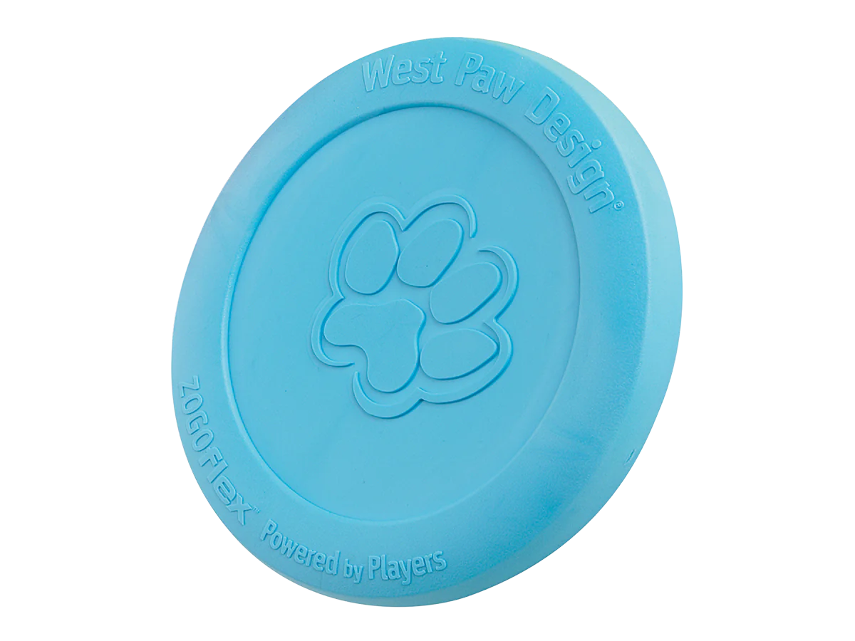 West Paw Zisc dog toy in blue - soft, pliable, and floatable.