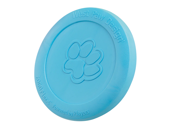West Paw Zisc dog toy in blue - soft, pliable, and floatable.