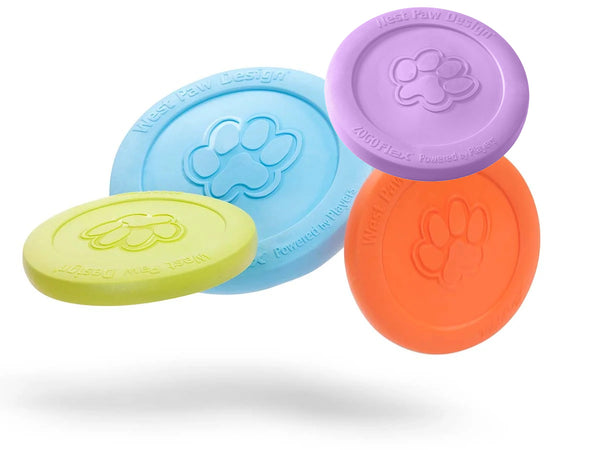 West Paw Zisc - durable, high-flying dog frisbee shown in blue, green, orange and lavender.