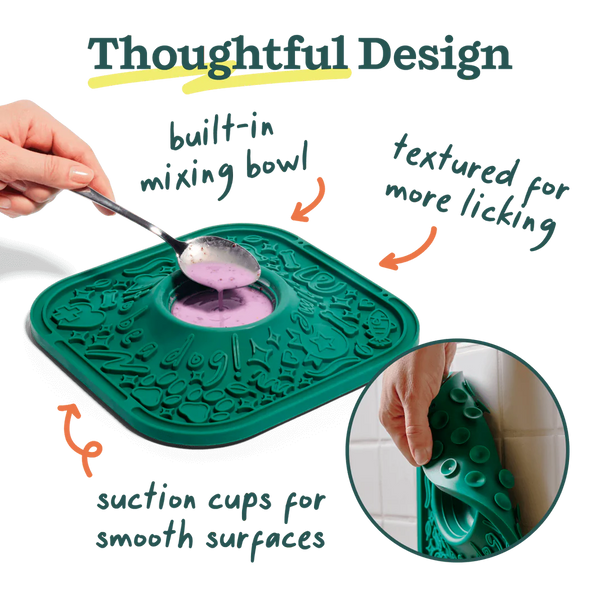 Detailed image showing the Woof Lickmat’s built-in mixing bowl and push-button suction cups on the back, offering mess-free prep and secure attachment to smooth surfaces for calming enrichment.