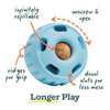 Woof Pupsicle Dog Toy in Party Blue showing the benefits such as infinitely refillable, unscrews to open, ridges for grip and drool slots for less mess.