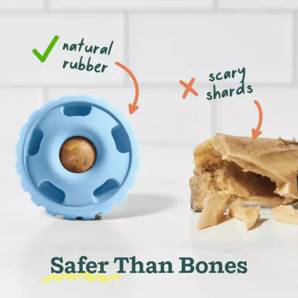 Woof Pupsicle Dog Toy in Party Blue showing it's safer than dog bones that have scary shards.