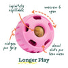 Woof Pupsicle Dog Toy in Party Pink showing the benefits of infinitely refillable, unscrew it to open. Ridges for grip and drool slots for less mess