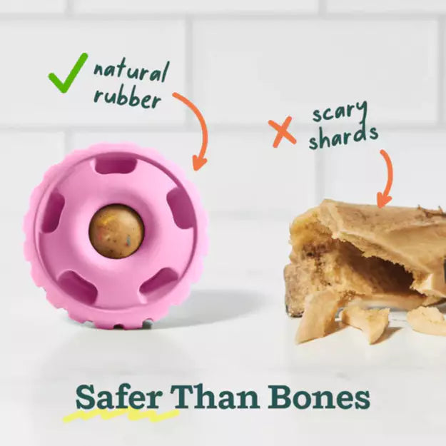 Woof Pupsicle Dog Toy in Party Pink showing it's made of natural rubber which is safer than bones that product scary shards