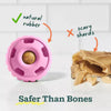 Woof Pupsicle Dog Toy in Party Pink showing it's made of natural rubber which is safer than bones that product scary shards