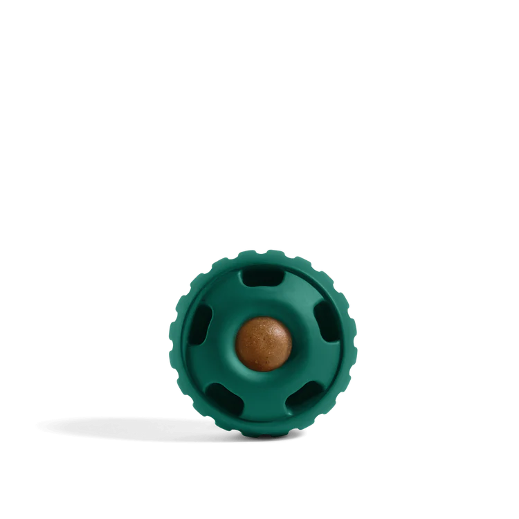 Front view of the Woof Pupsicle in Green, showcasing its durable design and easy-to-open twist mechanism for treat-filled fun.